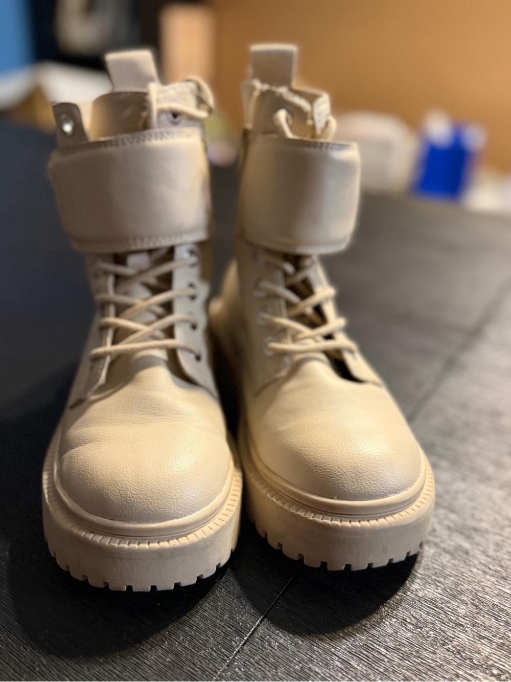 Zara Cream Lace-Up Combat Boots with Chunky Sole